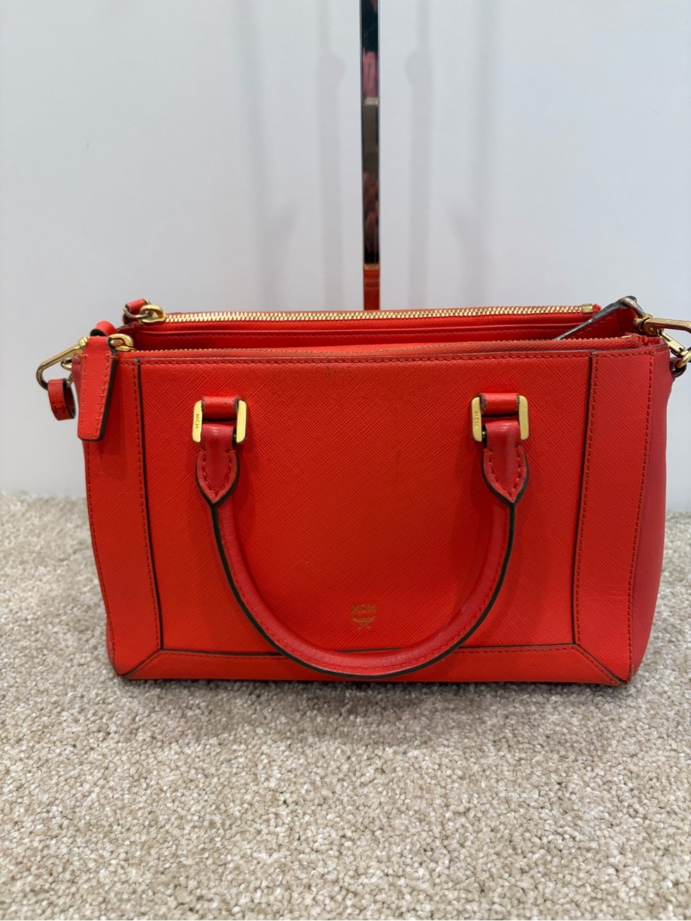 MCM Red Saffiano Leather Satchel with Gold Hardware